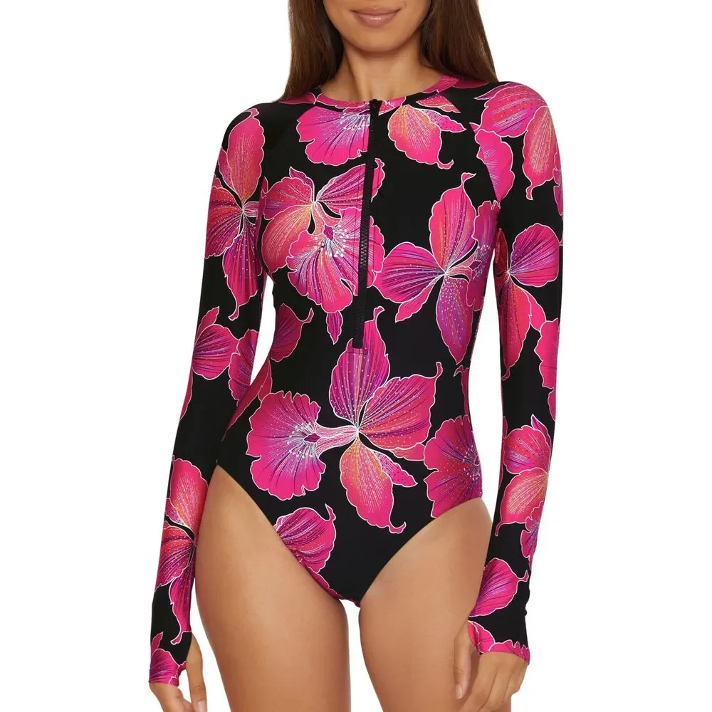 Trina Turk Women Standard One Piece Swimsuit Rash Guard Zip Front Long Sleeve S